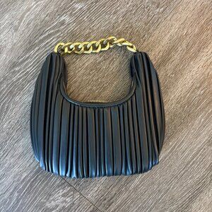 Madison West Black Pleated Shoulder Bag with Gold Chain Handle USED